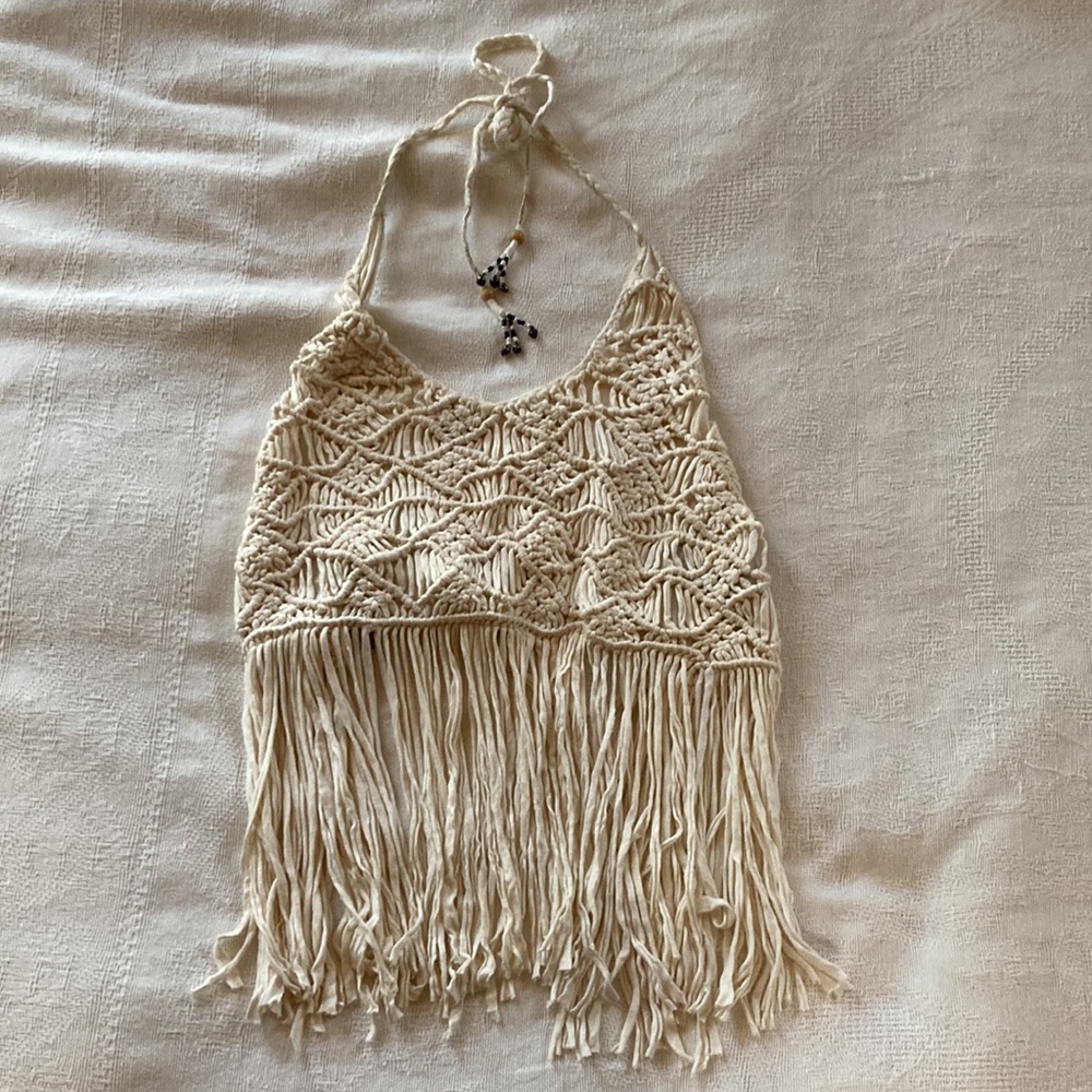 House of Harlow Soft Macrame Viscose Bamboo Fringe Halter Top
